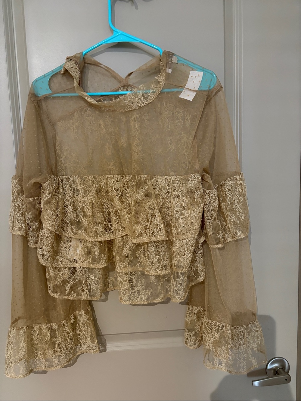 LOFT Beige Sheer Lace Ruffle Blouse